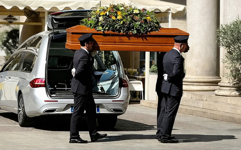 Portatori caricano il cofano sull’auto funebre